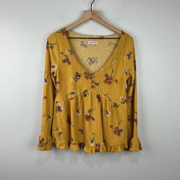 Bloomfield Mustard Yellow Floral Waffle Knit V Neck Top M NWT - Picture 1 of 6